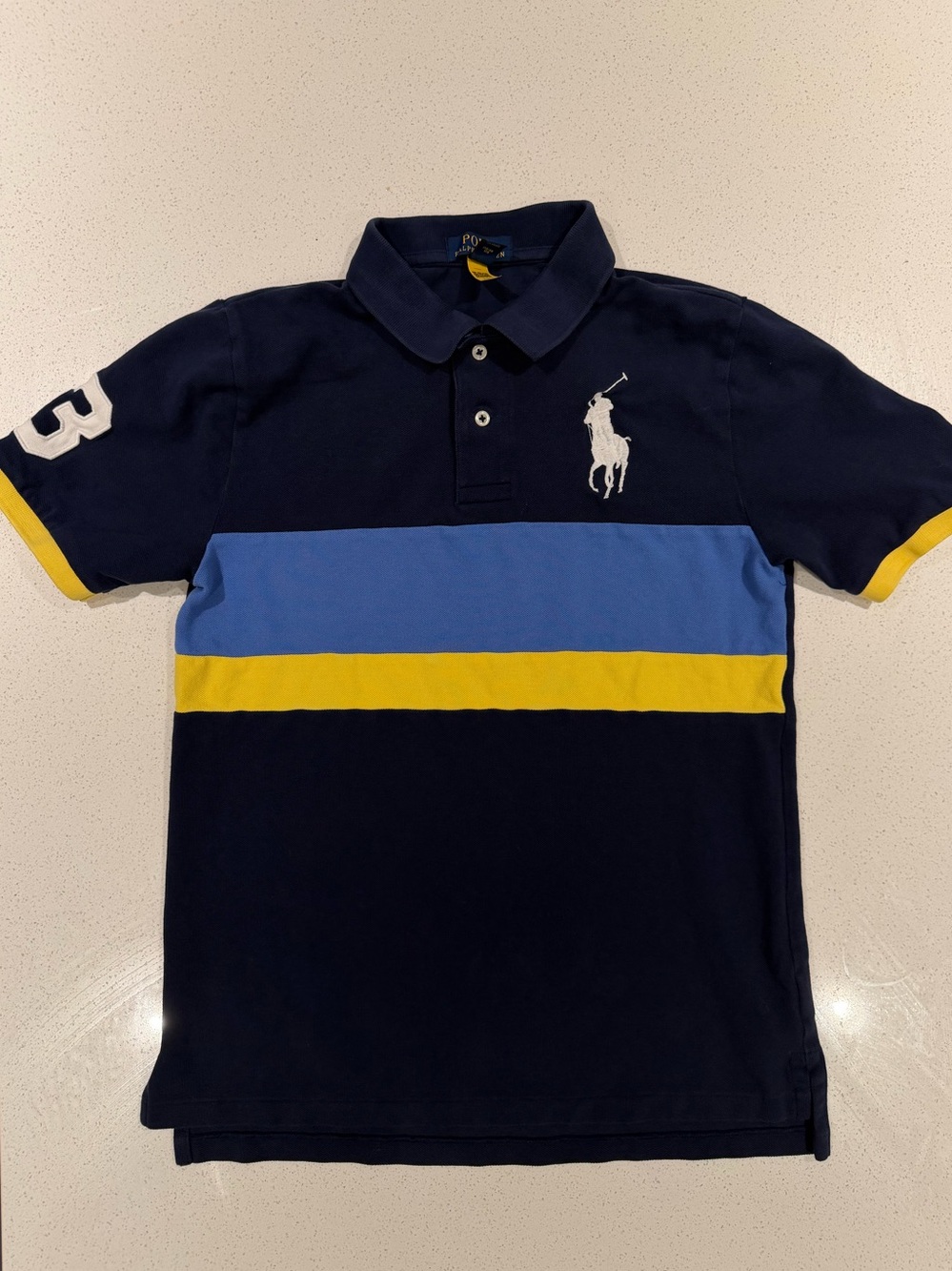 Polo by Ralph Lauren Navy Blue Polo with Light Blue and Yellow Stripes
